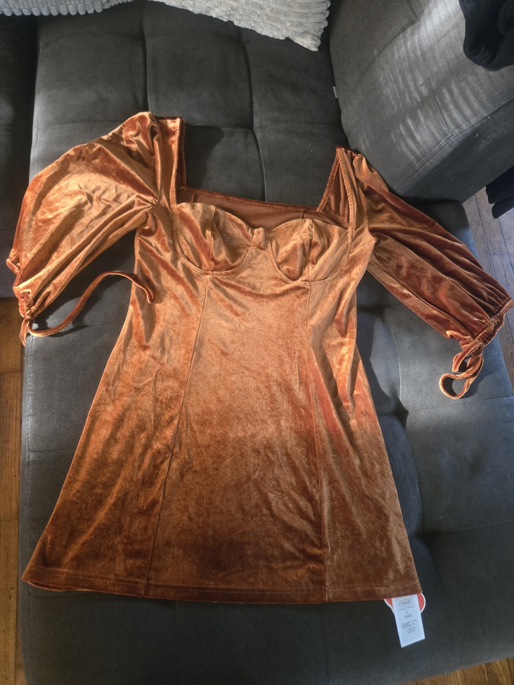 Cider Rust Orange Velvet Puff-Sleeve Dress